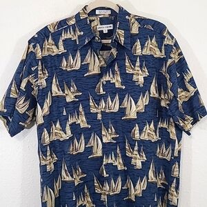 PIERRE CARDIN Blue/Tan Nautical Sailboats Button Front 100% Cotton Shirt, size M